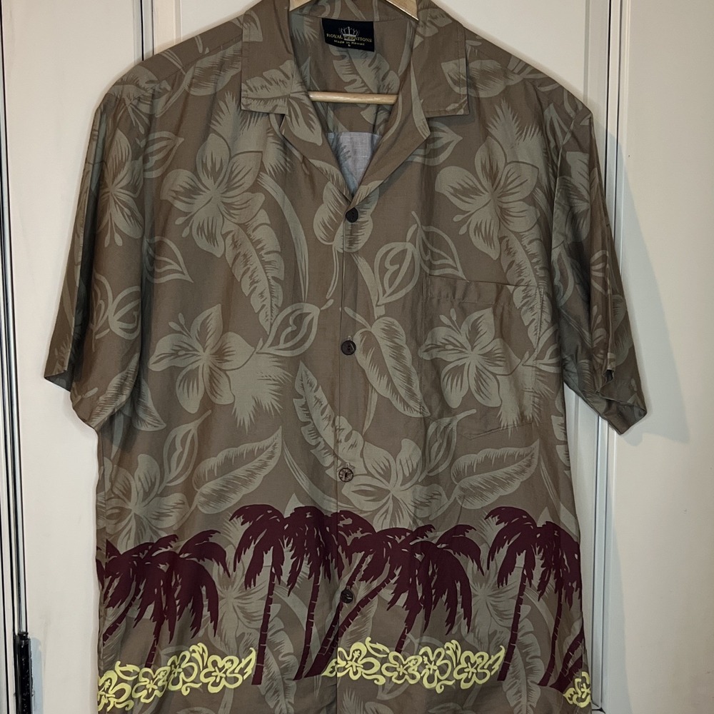 Vintage Royal Creations Hawaiian Shirt Large Tan Maroon Palm Tree Border Floral